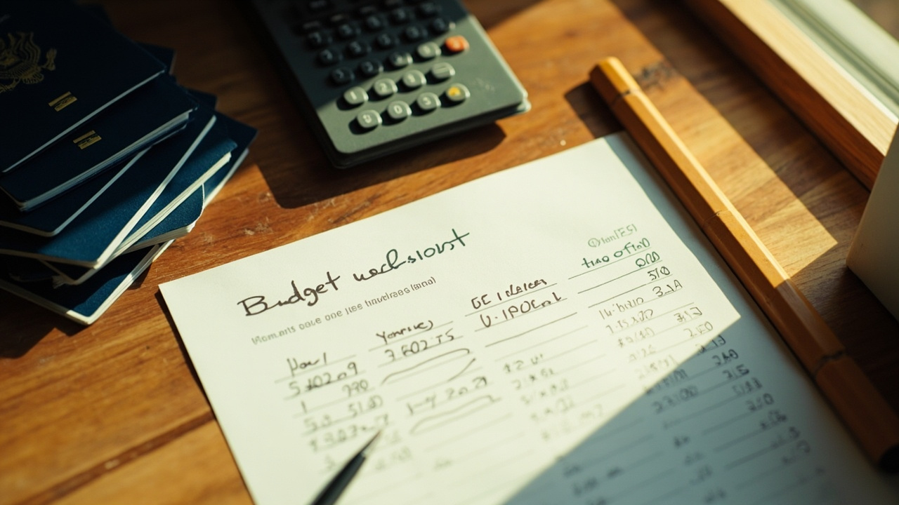 Overhead close-up of a handwritten family travel budget worksheet on a warm wooden desk, with four blue US passports and a calculator beside it