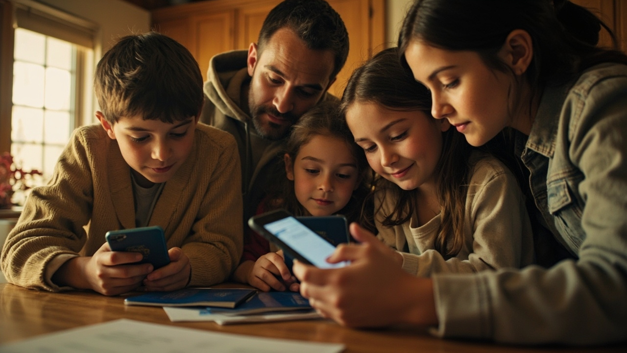 American family of four at a sunlit kitchen table, parents helping children fill arrival forms on smartphones before a trip, blue US passports on the table