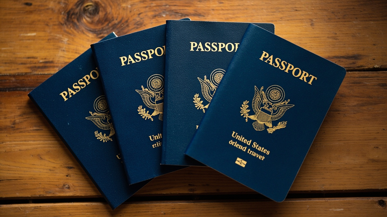 Four blue US passports of different sizes fanned in a neat row on a warm wooden desk, an adult and a child passport side by side to suggest equal treatment