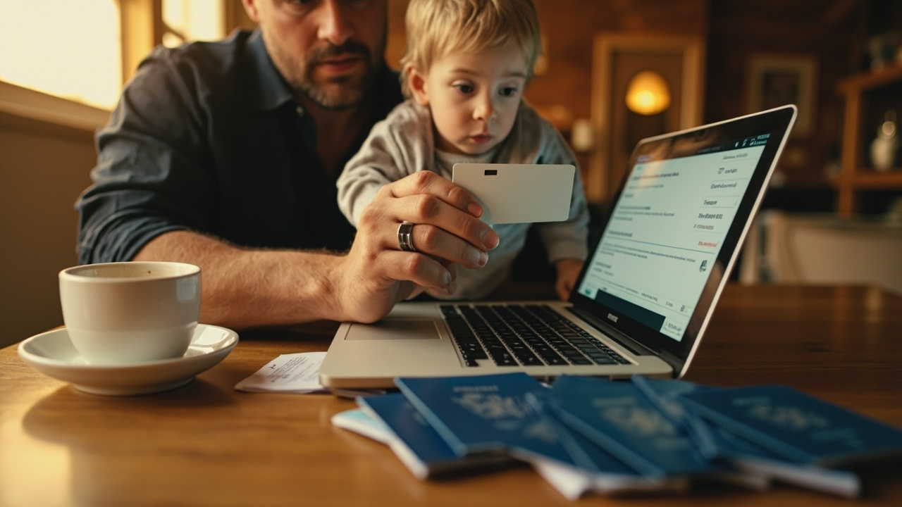 American parent paying once at a laptop for the whole family, holding a single generic payment card with four blue US passports stacked beside the keyboard