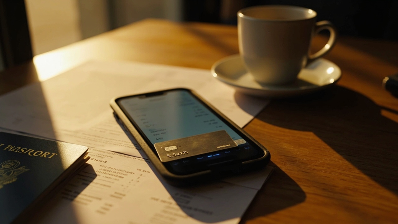 Generic credit card resting on a smartphone showing a soft-focus statement screen beside a blue US passport on a warm wooden desk