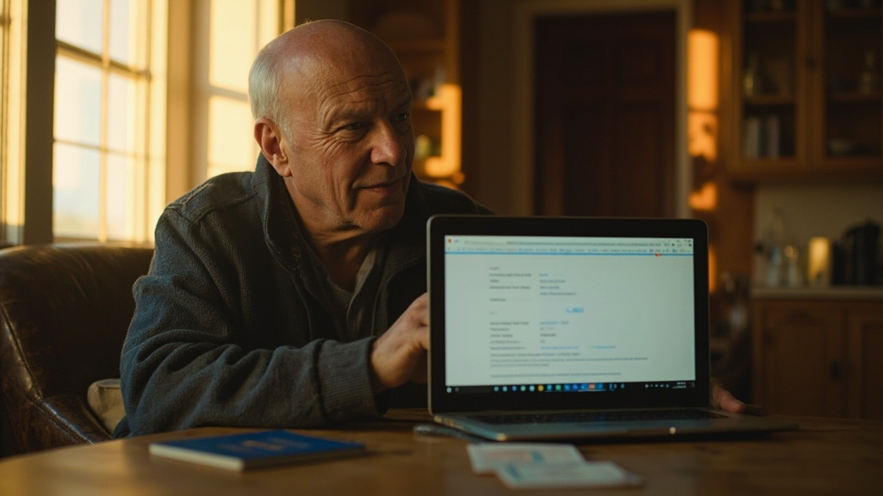 American traveler finishing a clean visa application on a laptop with a blue US passport and printed photo beside them in a sunlit home