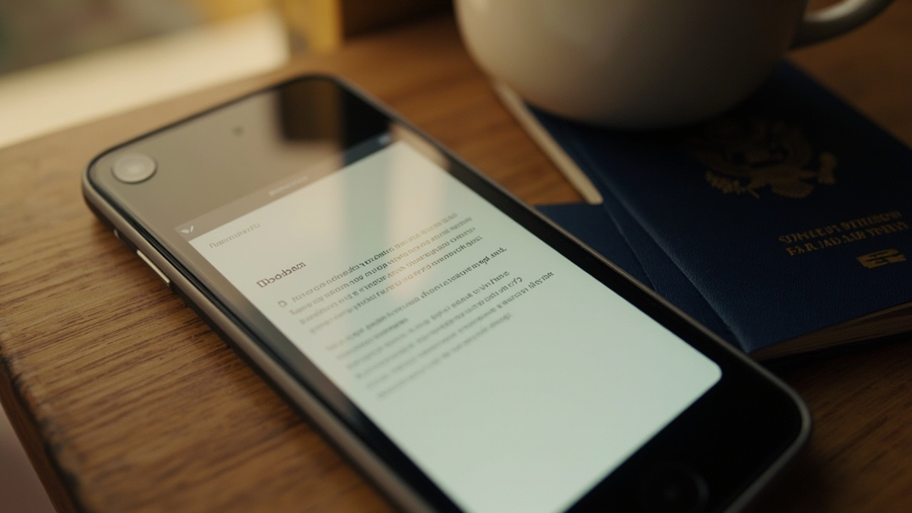Smartphone resting on a warm wooden desk showing a generic email notification panel beside a blue US passport, soft daylight