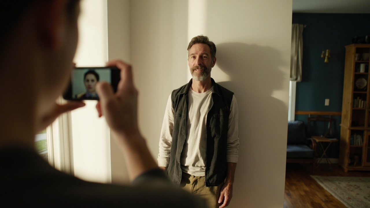 American traveler re-taking a passport-style photo against a plain white wall with a smartphone in a sunlit US home, neutral expression