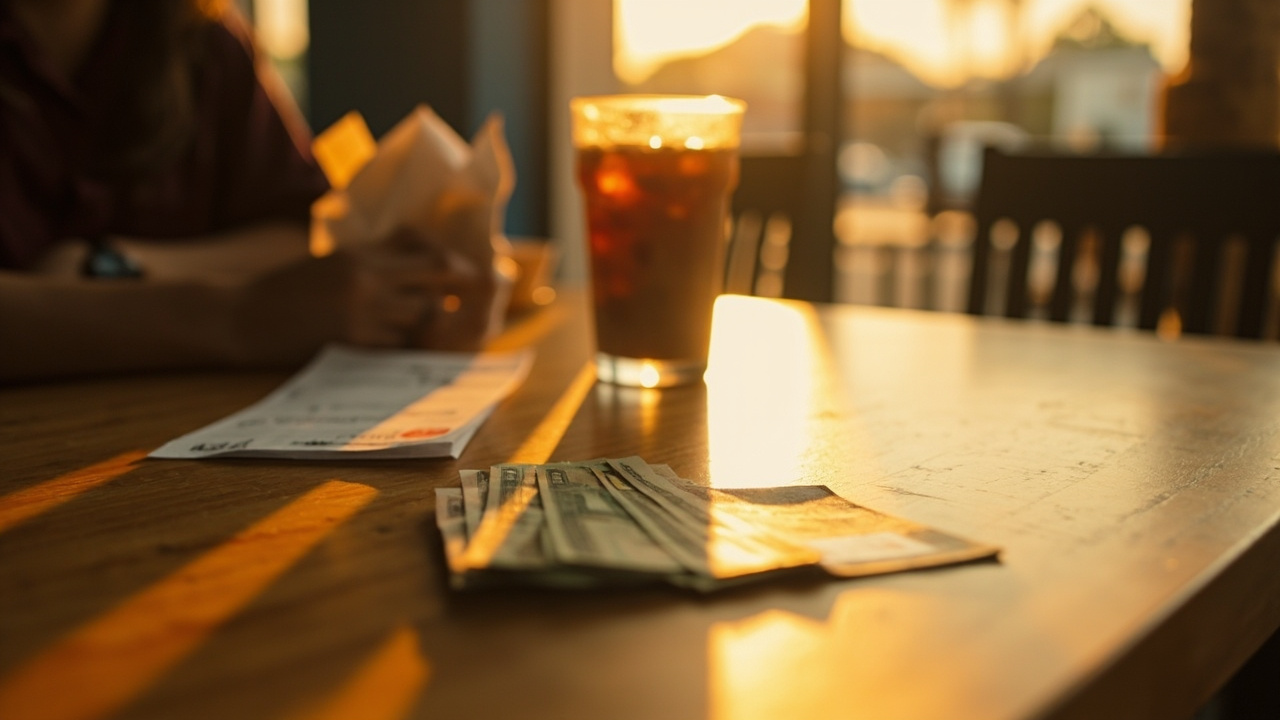 Close-up of a small fan of US dollar bills and a plain payment card on a Cambodian cafe table beside a coffee at golden hour