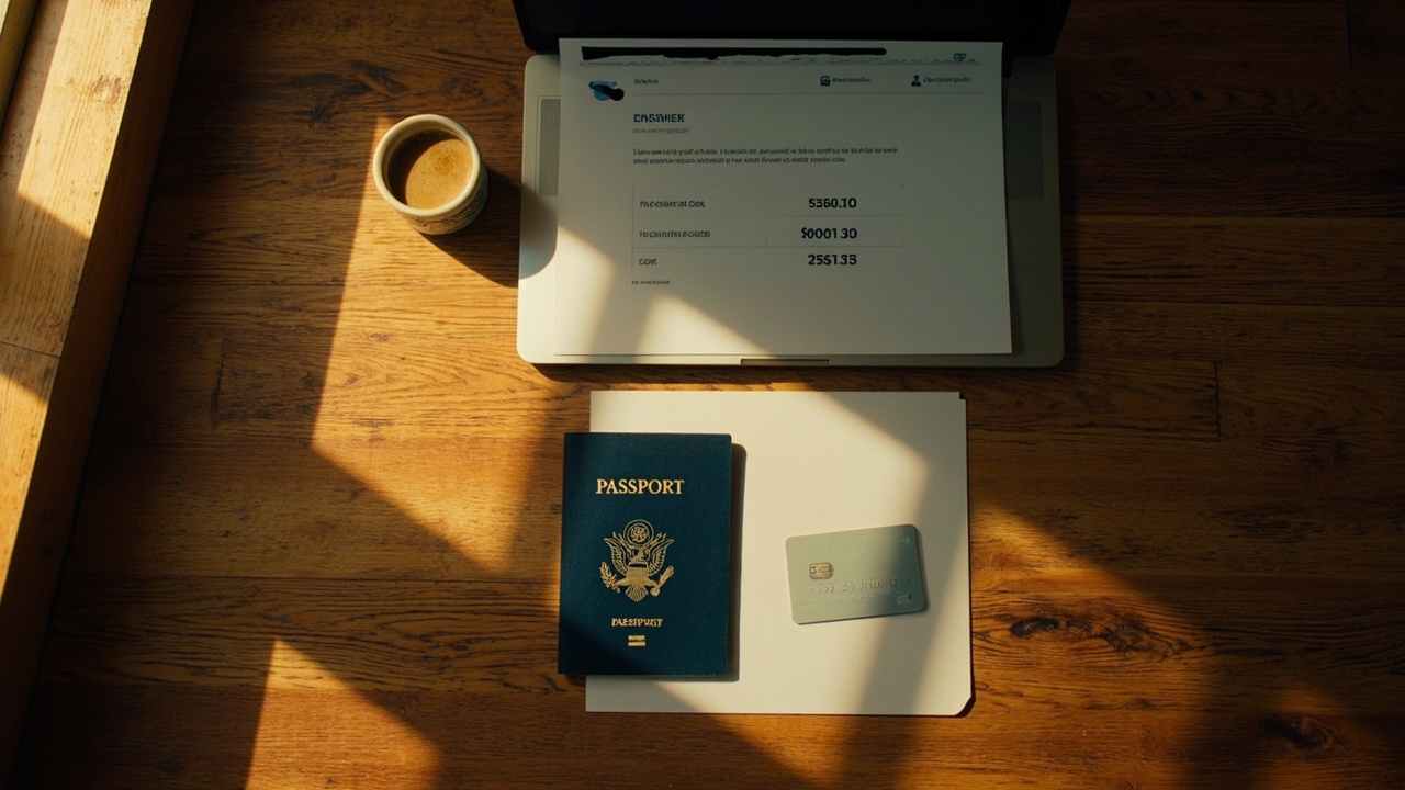 Overhead desk scene with a blue US passport, an open laptop showing a generic two-line checkout summary, and a single payment card on a warm wooden desk