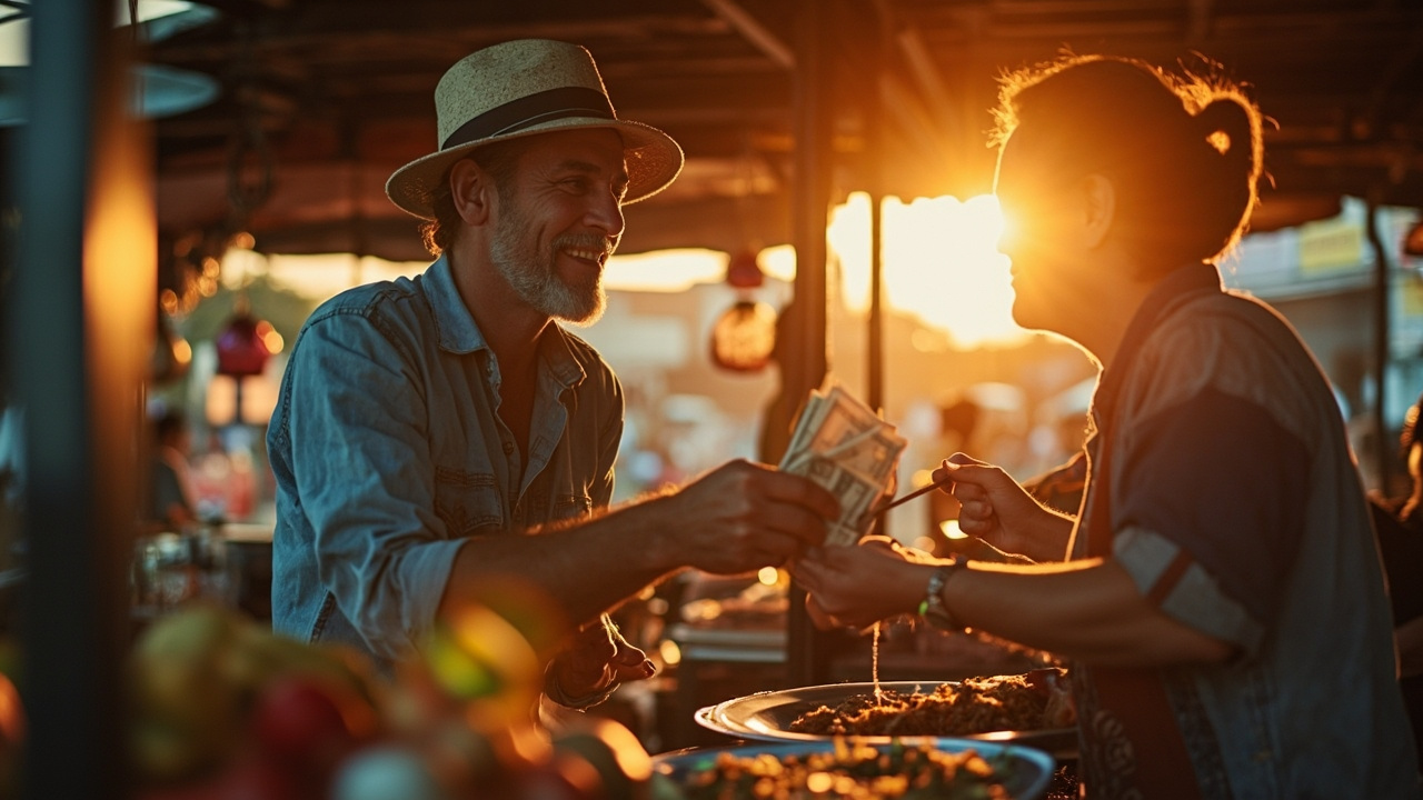 American traveler paying at a Cambodian street-food market stall at golden hour, handing over cash to a vendor