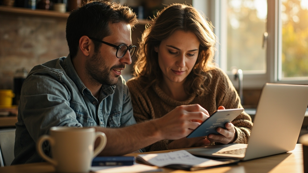 American couple at a kitchen table comparing trip costs on a laptop and a tablet, with a blue US passport and a notepad of budget lines between them