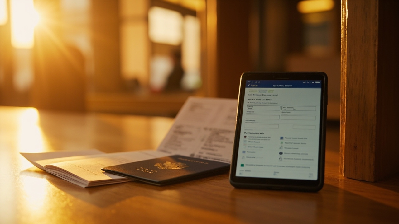 A smartphone showing a generic arrival-declaration form beside a blue US passport and a single boarding-style printout on a warm wooden desk at golden hour