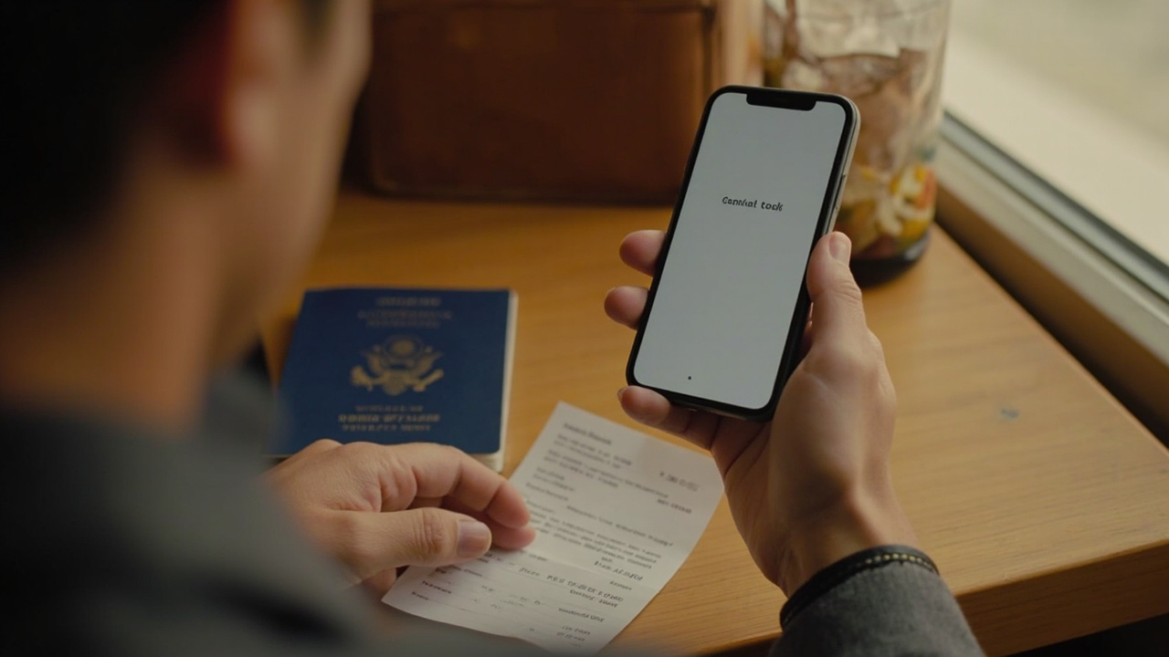 Close-up of an American traveler's hands holding a smartphone showing a generic checkout total, comparing it against a printed price note on a warm desk