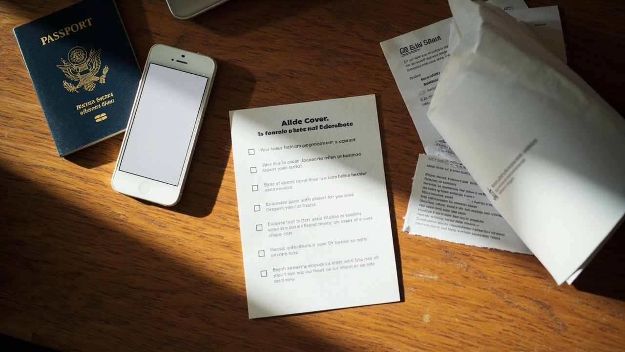 Overhead flat-lay of a checklist card with five soft ticked rows beside a blue US passport, a printed PDF page, and a smartphone on a warm wooden desk
