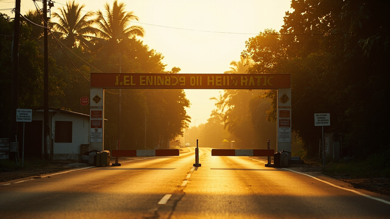 A quiet closed land-border checkpoint barrier on a Southeast Asian road at golden hour, with no traffic crossing