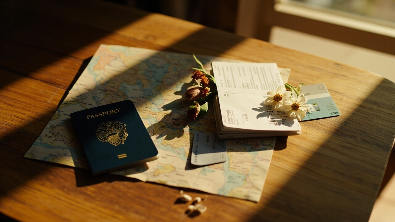A blue US passport fanned out with travel ephemera from several Southeast Asian countries on a warm wooden table at golden hour
