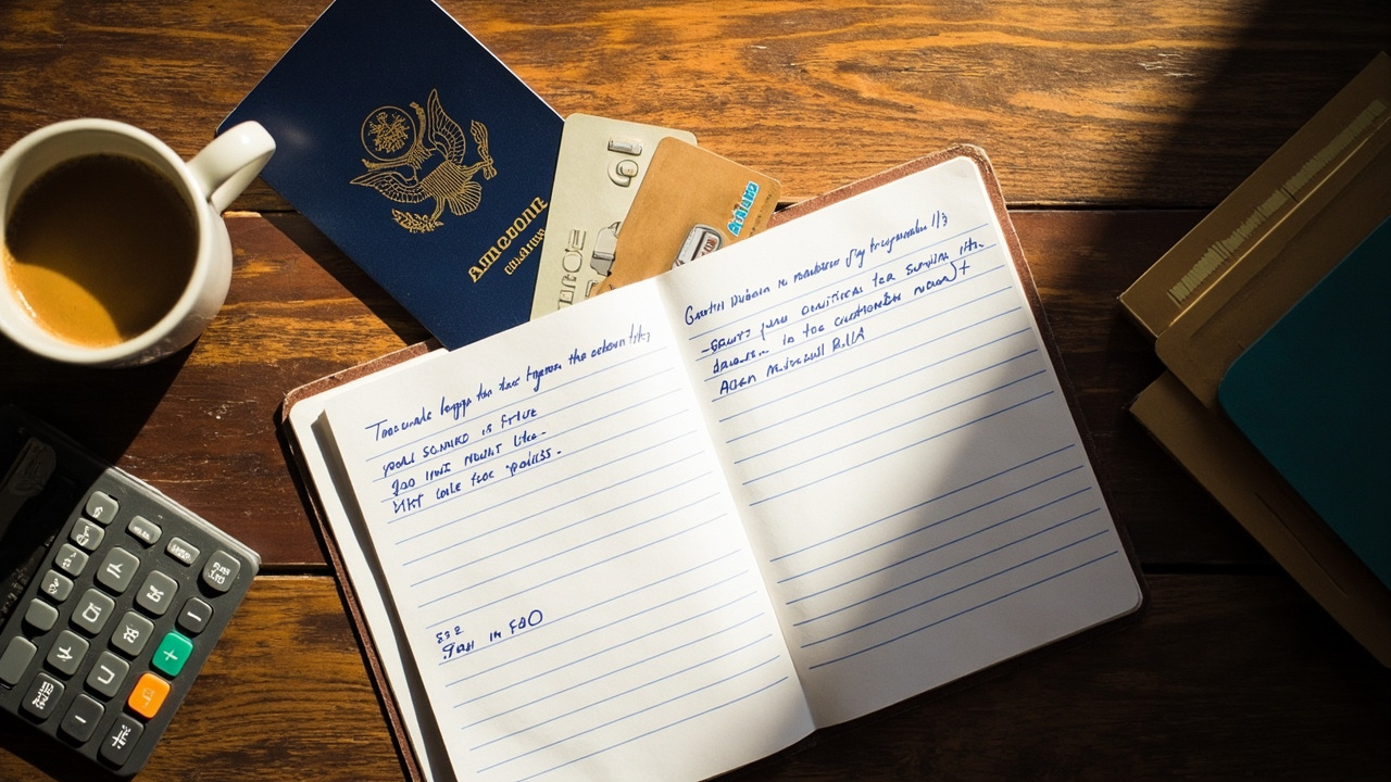 Overhead view of a multi-country trip budget worksheet, a blue US passport, generic cards, and a calculator on a warm wooden desk