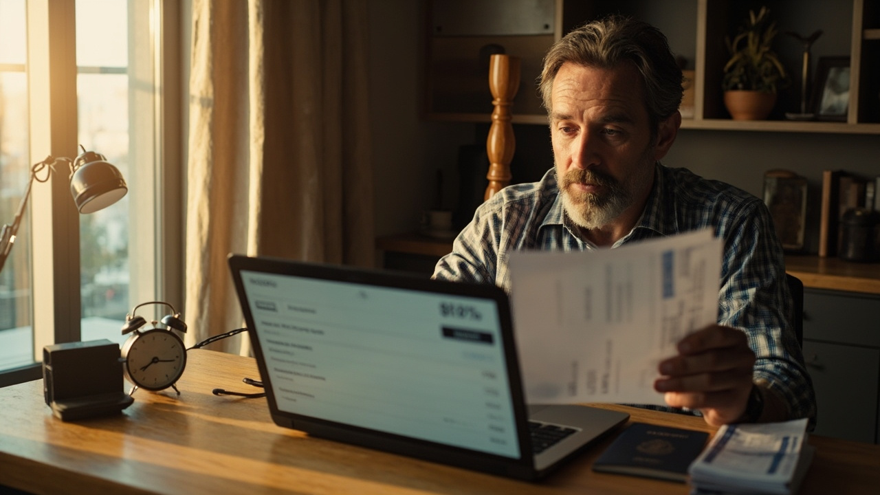 An American traveler at a sunlit home desk beside a small clock and a blue US passport, calmly reviewing a flat eVisa price on a laptop in warm golden-hour light