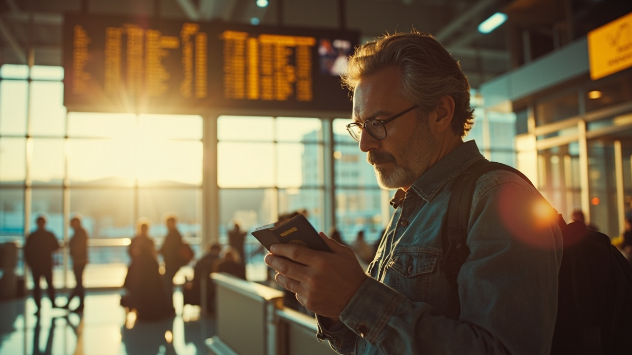 An American traveler standing calmly near a soft-focus airport departure board, applying on a phone with a blue US passport in hand in warm golden-hour light