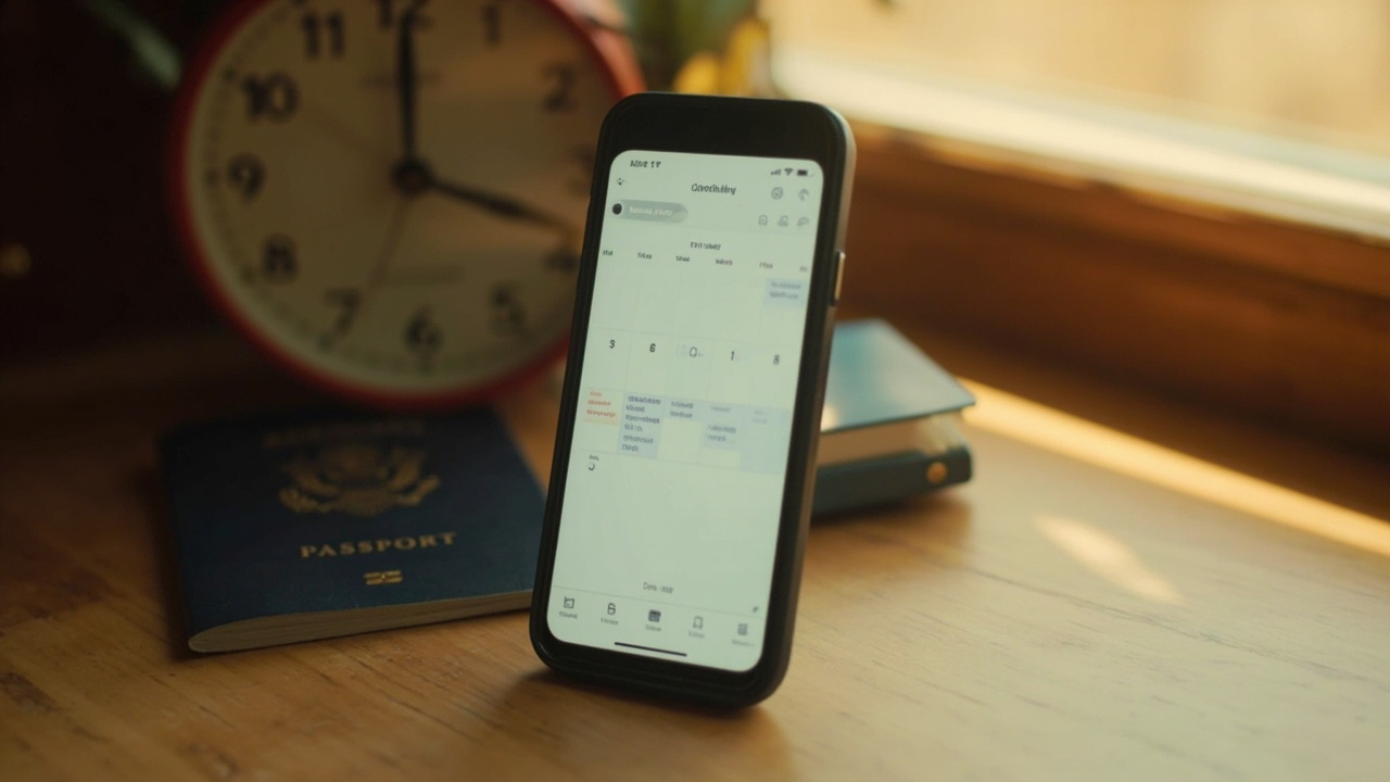 Close-up of a smartphone showing a generic week calendar with three weekdays highlighted and the weekend dimmed, beside a small clock and a blue US passport on a warm wooden desk