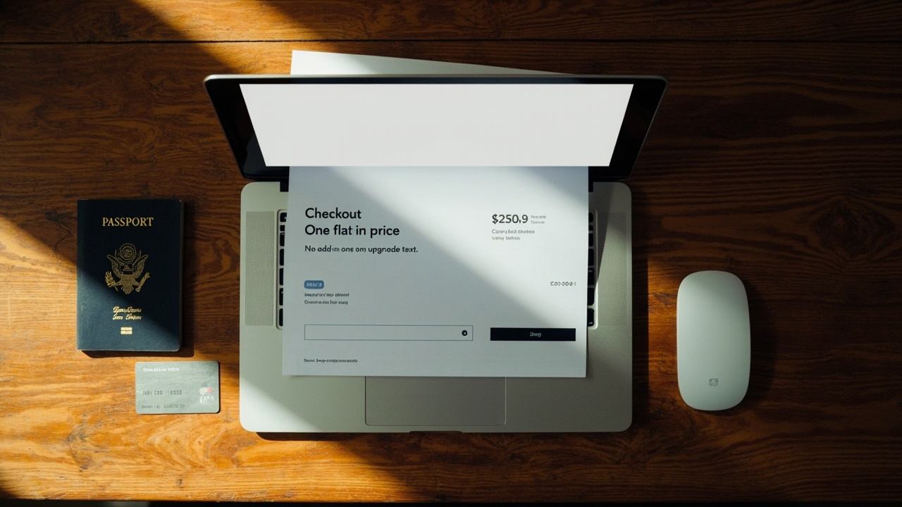 Overhead view of an open laptop showing a clean generic checkout with one flat price, a blue US passport and a single credit card beside it on a warm wooden desk