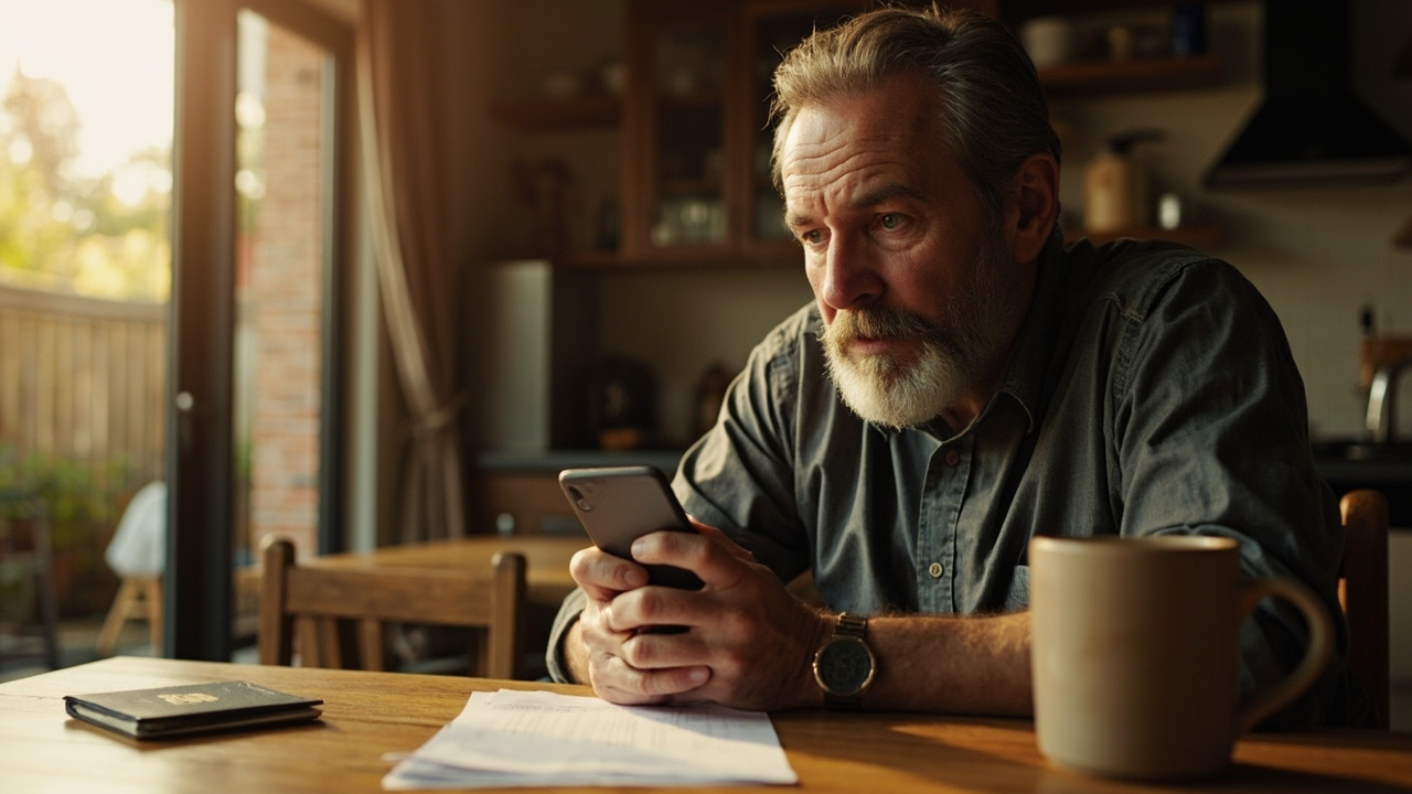 An American traveler at a kitchen table looking skeptically at a smartphone screen, a blue US passport and a coffee mug nearby in warm afternoon light