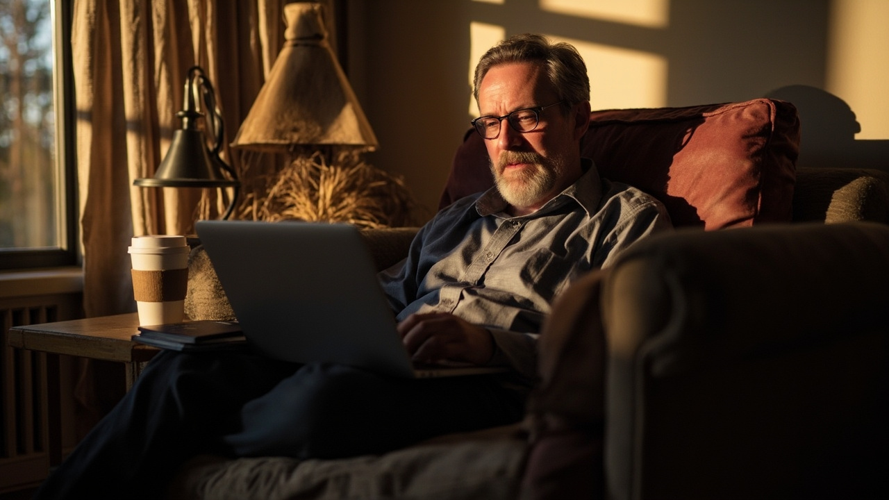 American traveler relaxed on a sofa at home applying on a laptop with a blue US passport beside them in warm golden light