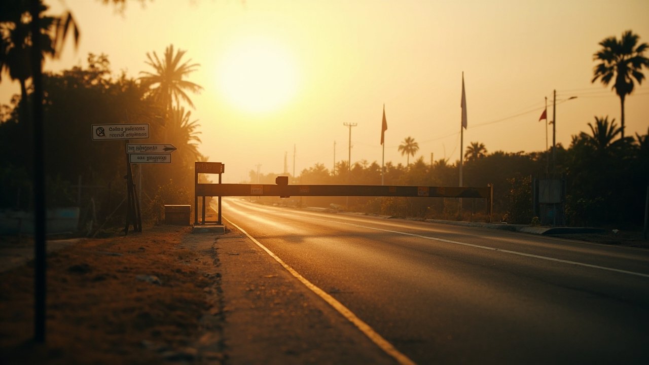 A closed land-border checkpoint barrier on a quiet Southeast Asian road at golden hour with an empty crossing lane