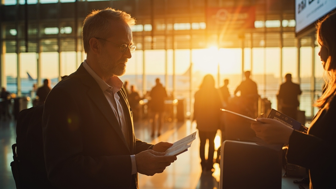 American traveler calmly showing a folded printout and a blue US passport to a soft-focus gate agent at a US departure gate at golden hour