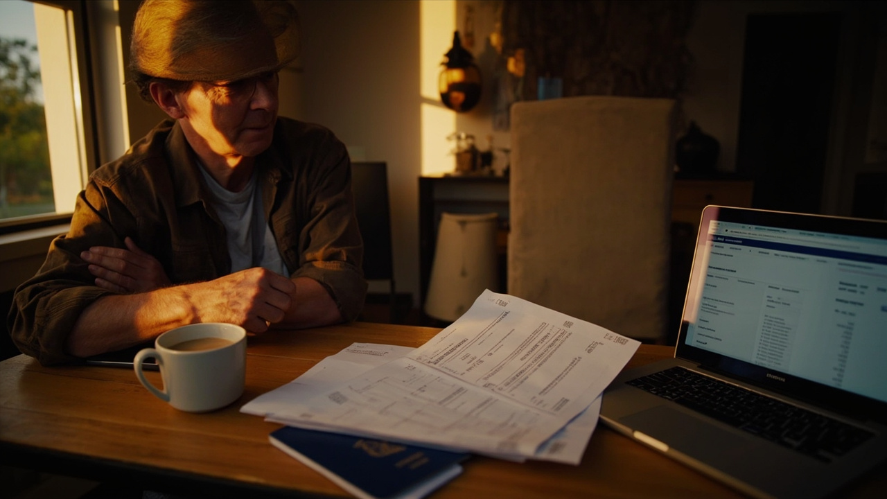 American traveler at a warm wooden home desk comparing a printed eVisa PDF beside a blue US passport and an open laptop showing a generic price total