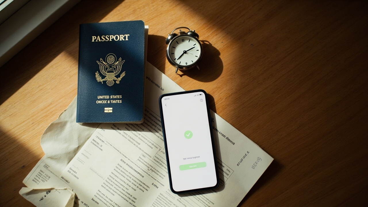Overhead scene of a blue United States passport beside a wall clock and a smartphone showing a generic approval screen on a warm wooden desk