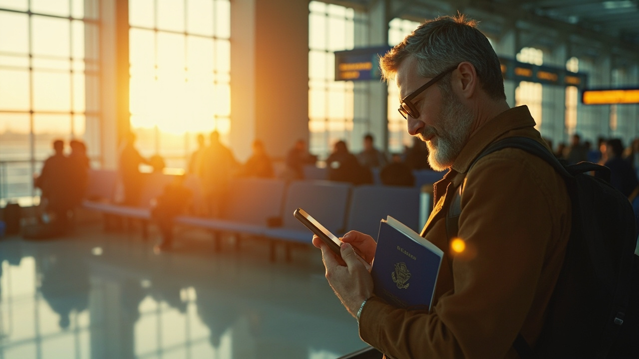 American traveler checking a phone showing a generic form at a soft-focus airport gate at golden hour, blue US passport and printout in hand