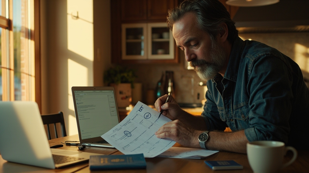 American traveler at a sunlit kitchen table marking days on a wall calendar beside a laptop and a blue US passport