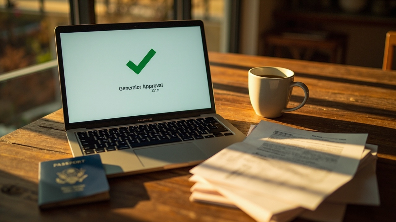 Open laptop showing a generic approval screen beside a blue US passport and a single flat fee note on a warm wooden desk at golden hour
