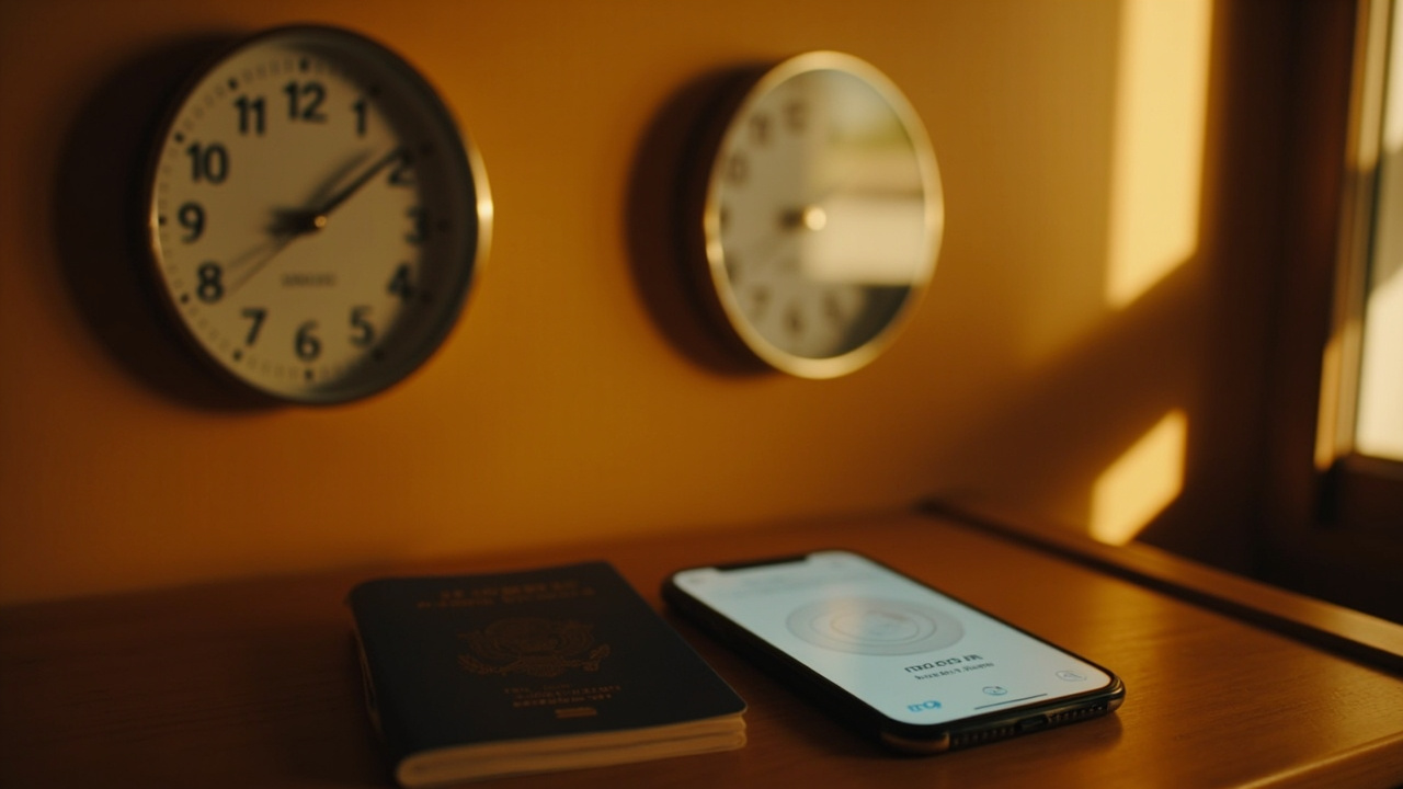 Two soft-focus analog wall clocks showing different times above a desk with a blue US passport and a smartphone