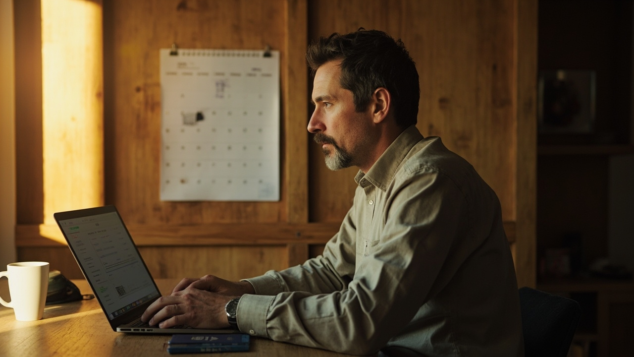 American traveler at a sunlit home desk checking a calendar and laptop, planning a three-business-day Cambodia eVisa window with a US passport beside them