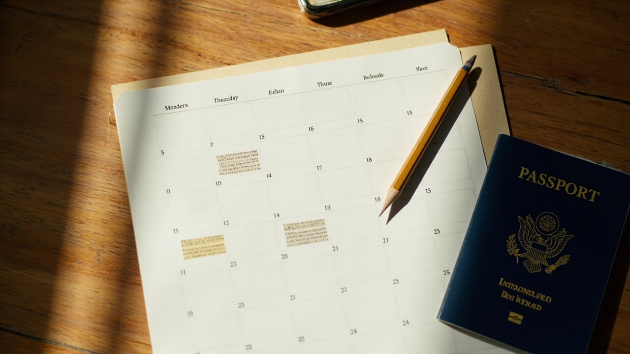 Overhead close-up of a paper wall calendar with three weekday squares softly marked and the weekend left blank, beside a blue US passport on a warm wooden desk