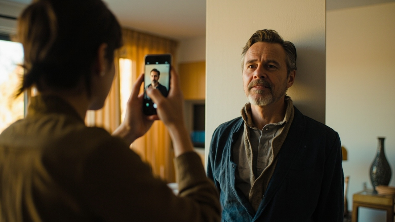 American traveler retaking a passport-style photo on a smartphone against a plain white wall in a sunlit US home, fixing a flagged correction