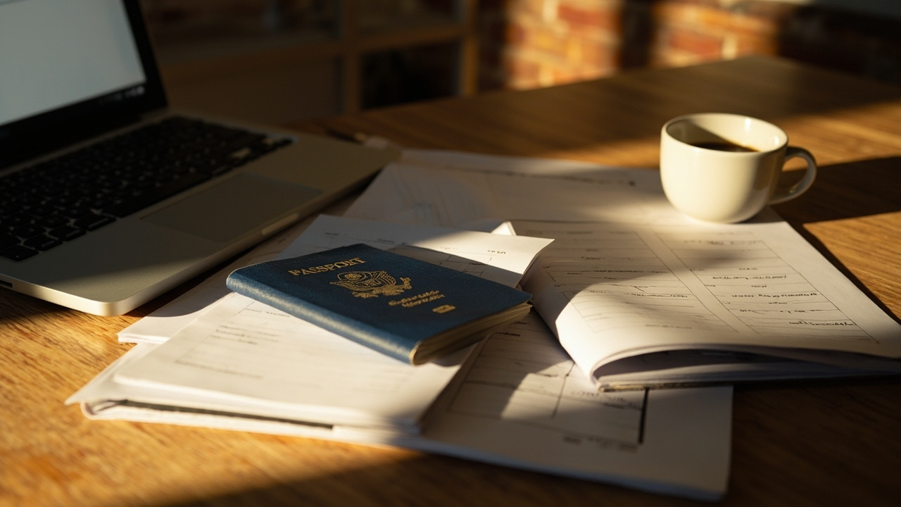 Warm desk scene with a blue US passport, an open laptop, a paper calendar with a circled travel week, and a printed boarding-style paper at golden hour