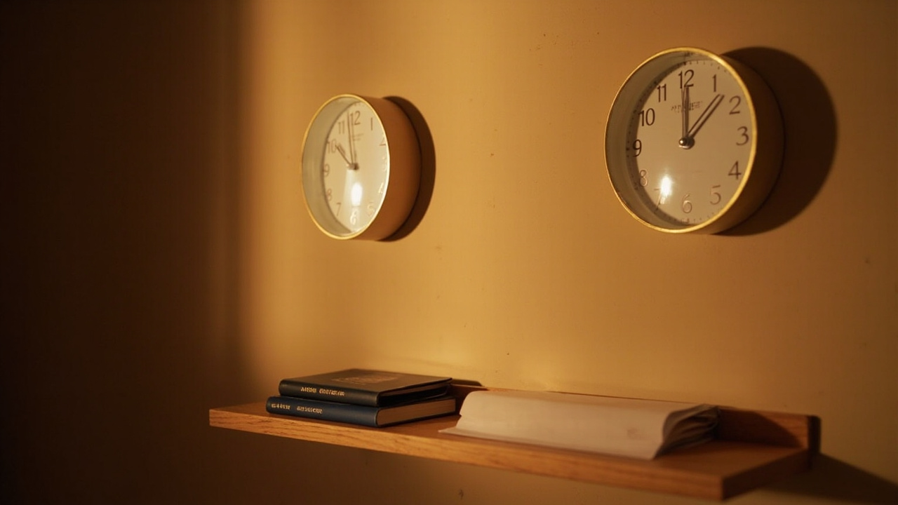 Two analog wall clocks side by side on a warm wall showing different times, suggesting the time difference between the United States and Cambodia, with soft golden light