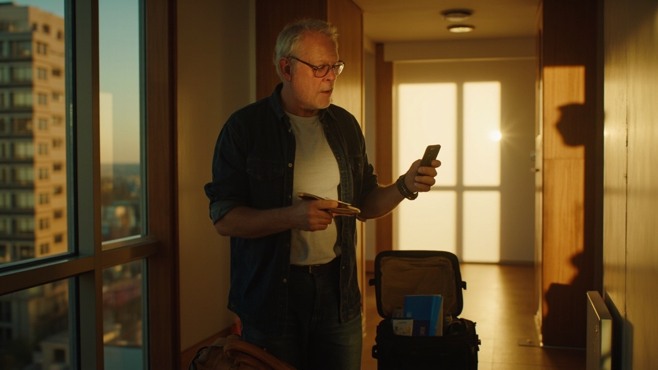 American traveler with a packed carry-on bag setting a reminder on a smartphone beside a blue US passport at golden hour
