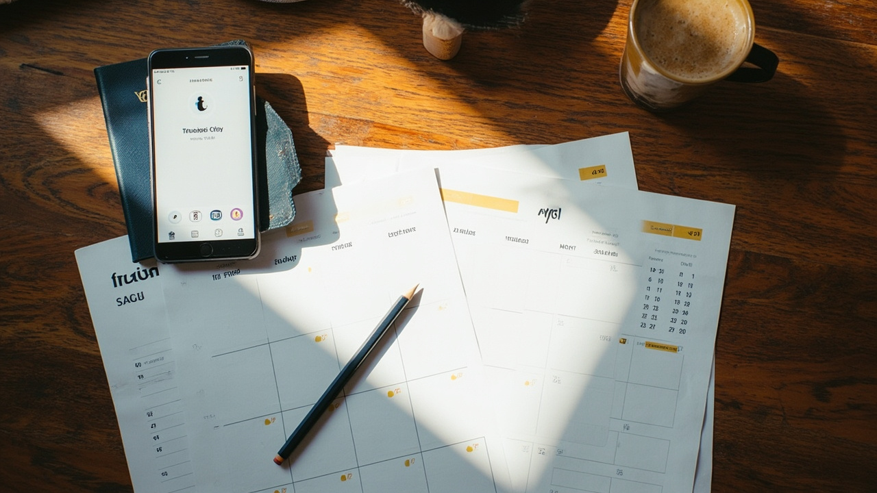 Overhead flat-lay of a desk calendar with a marked window of days, a blue US passport, and a smartphone showing a generic countdown
