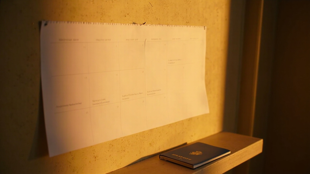 Close-up of a wall calendar spanning three months on a warm-toned wall beside a blue US passport, suggesting a validity window