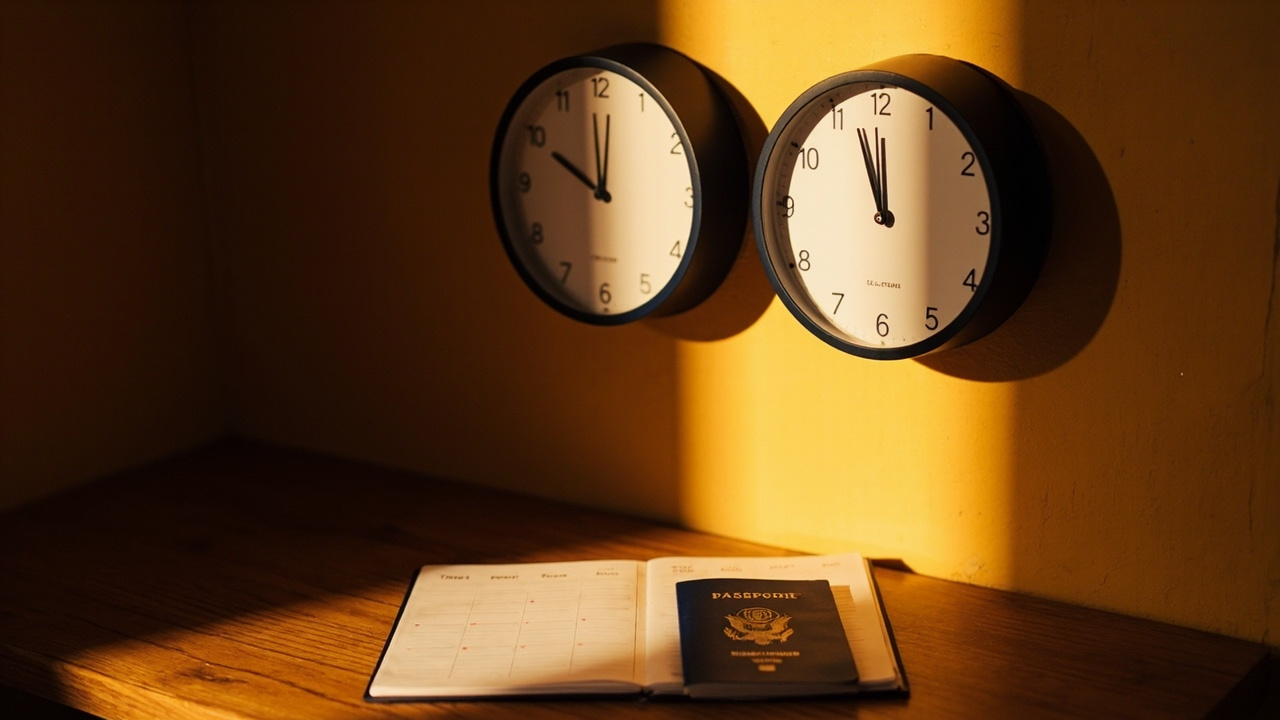 Two analog wall clocks side by side over a warm desk with a blue US passport, suggesting US and Cambodia time difference