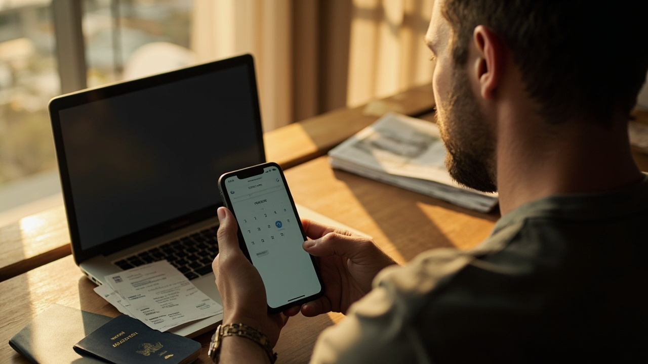 An American traveler at a sunlit home desk checking a phone calendar with three days marked, a blue US passport and boarding pass beside a laptop in warm golden-hour light