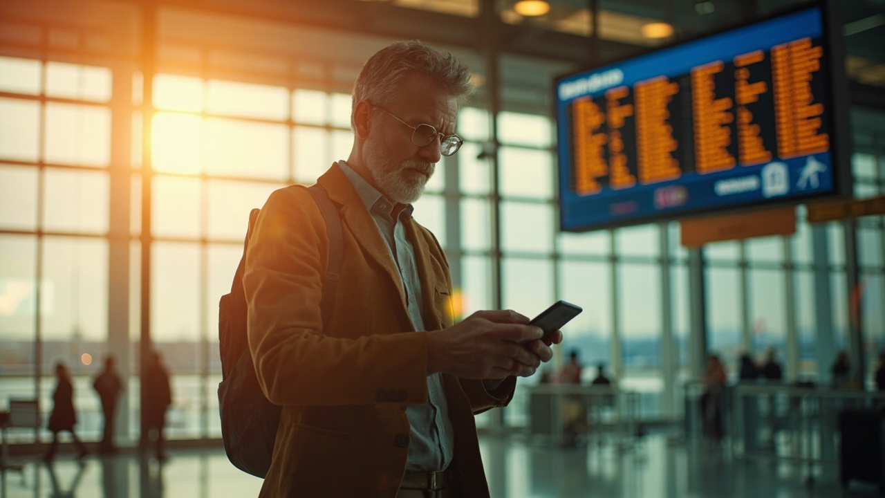 An American traveler standing calmly near a soft-focus airport departure board, applying on a phone with a blue US passport in hand in warm golden-hour light