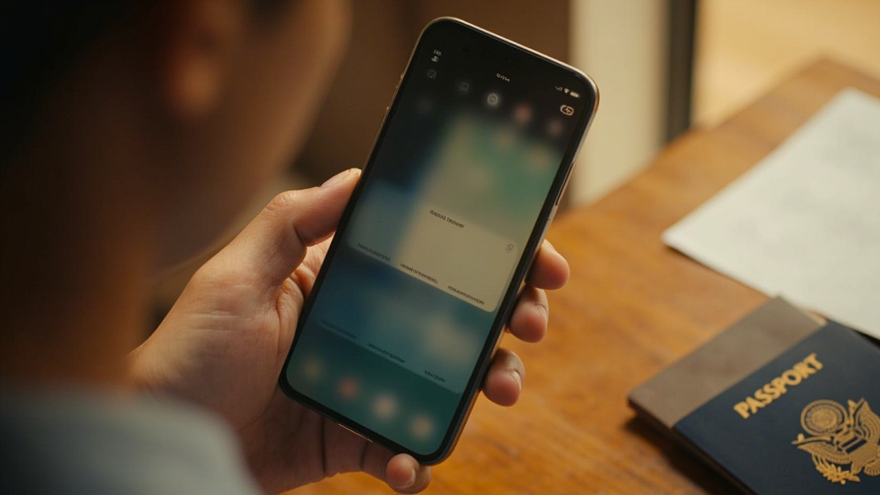 Close-up of a smartphone showing a generic week calendar with three weekdays softly highlighted and the weekend dimmed, on a warm wooden desk beside a blue US passport