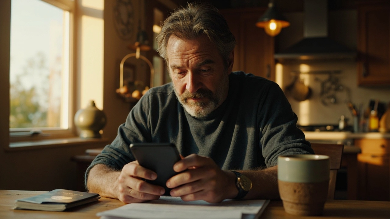 An American traveler at a kitchen table looking skeptically at a smartphone screen, a blue US passport and a coffee mug nearby in warm afternoon light