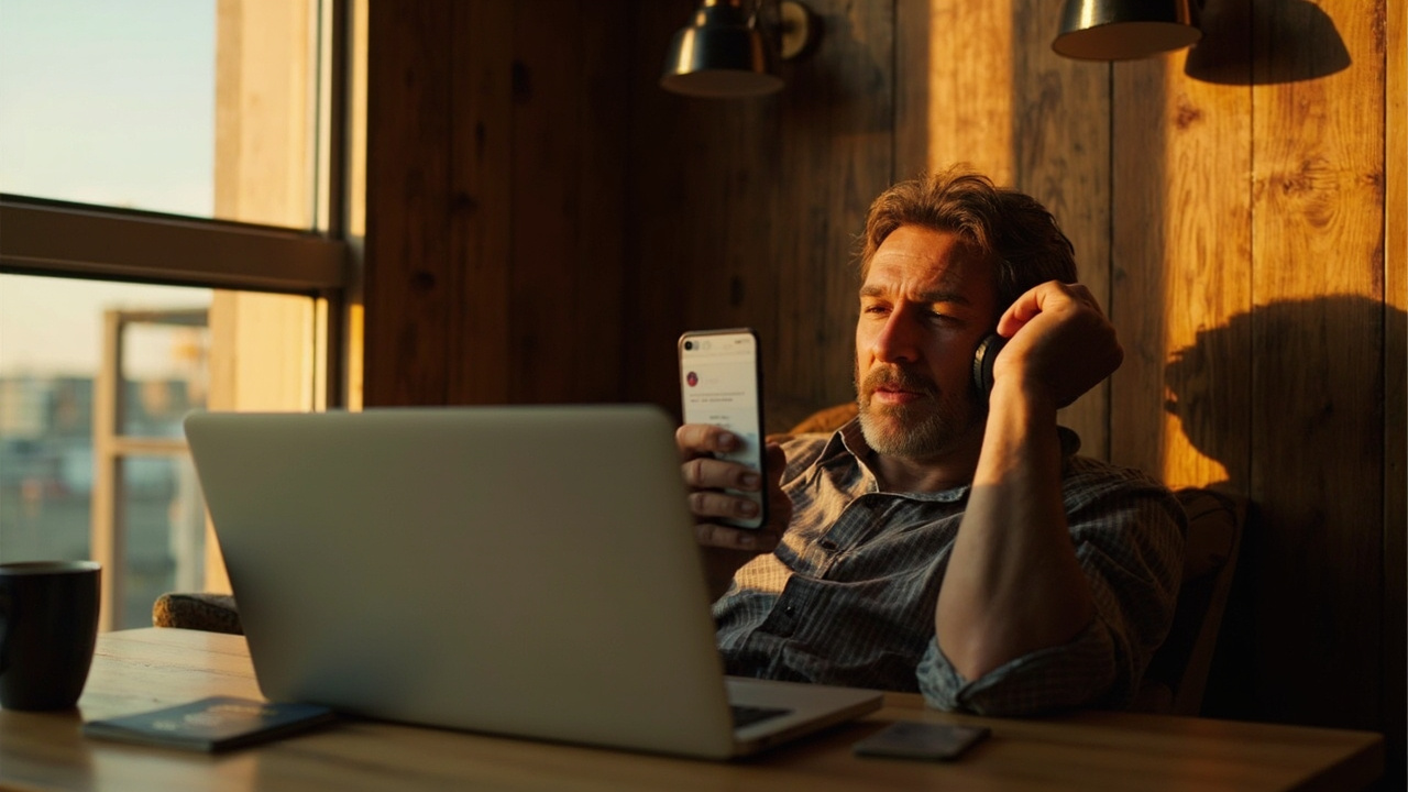 An American traveler at home looking relieved at a laptop and smartphone showing an approved visa email, blue US passport on the warm wooden desk