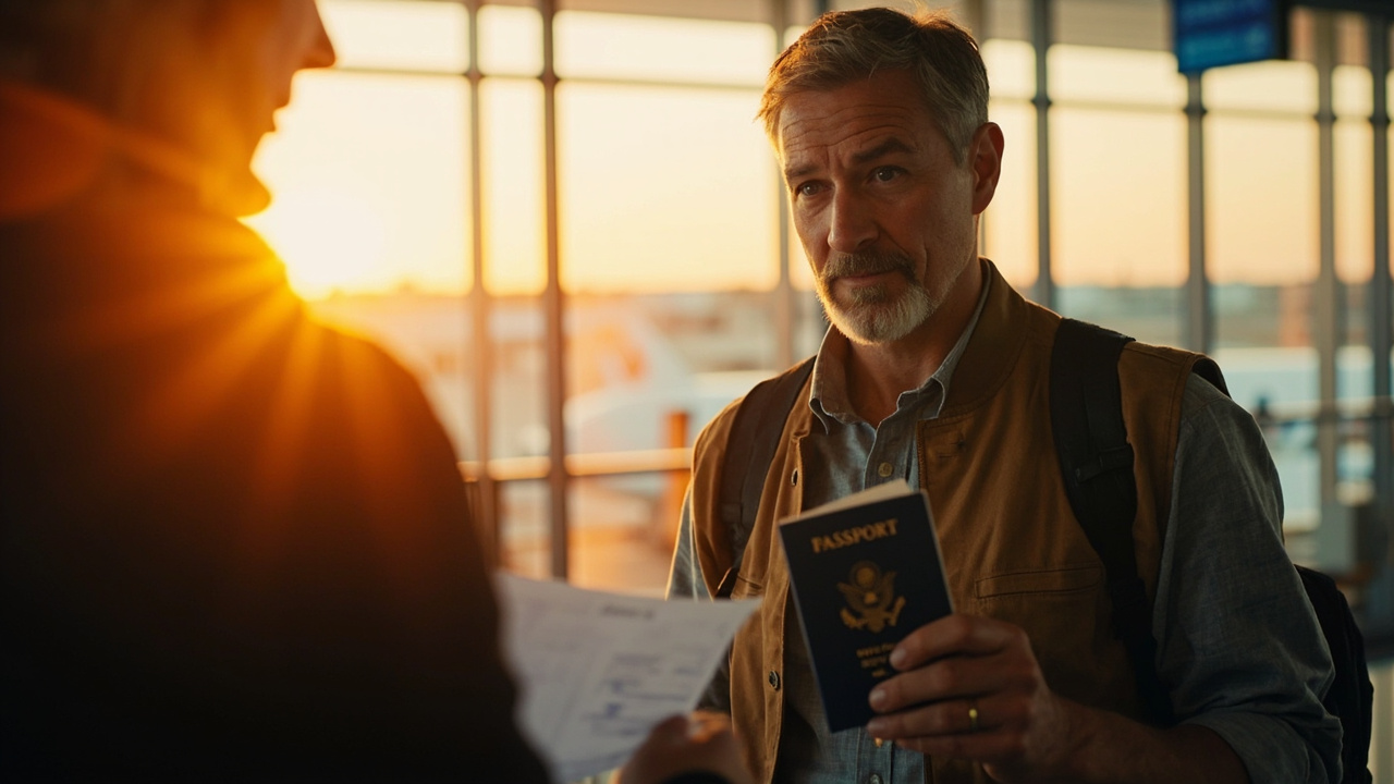 An American traveler presenting an open blue US passport and a folded printout at a soft-focus boarding gate at golden hour
