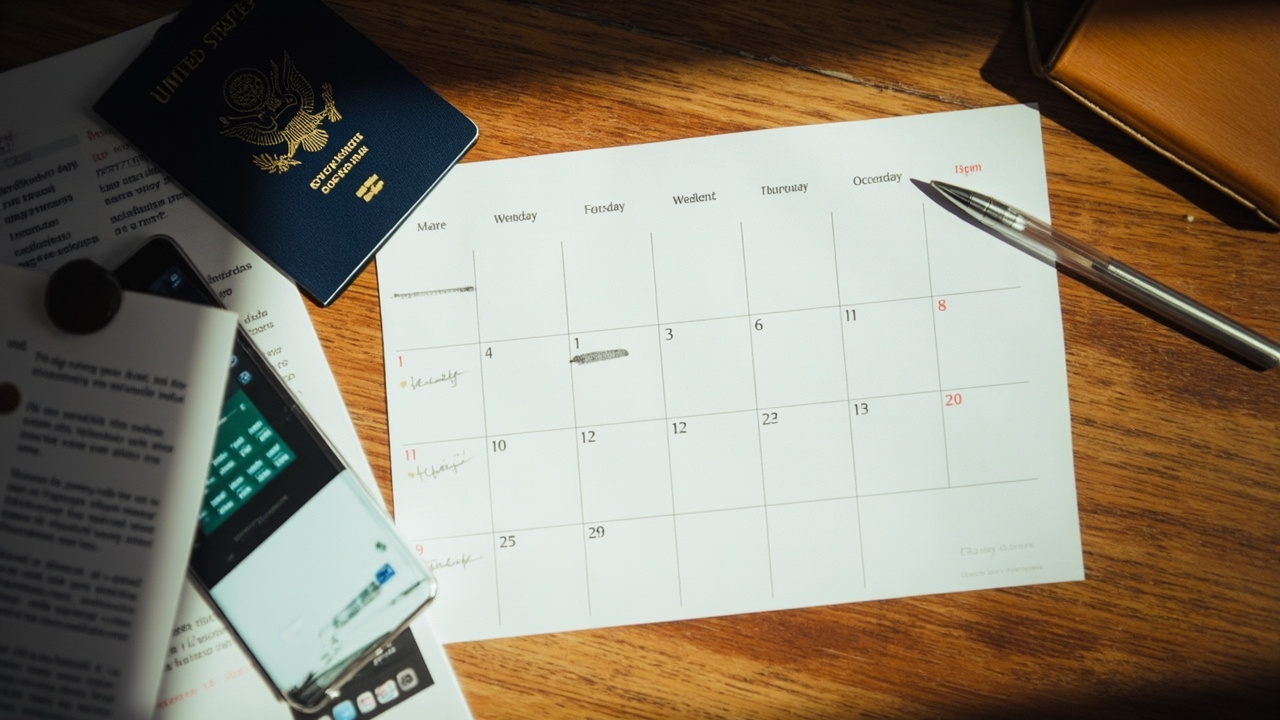 Overhead flat-lay of a paper desk calendar with weekdays softly marked, a blue US passport, and a smartphone on a warm wooden desk in a last-minute planning scene