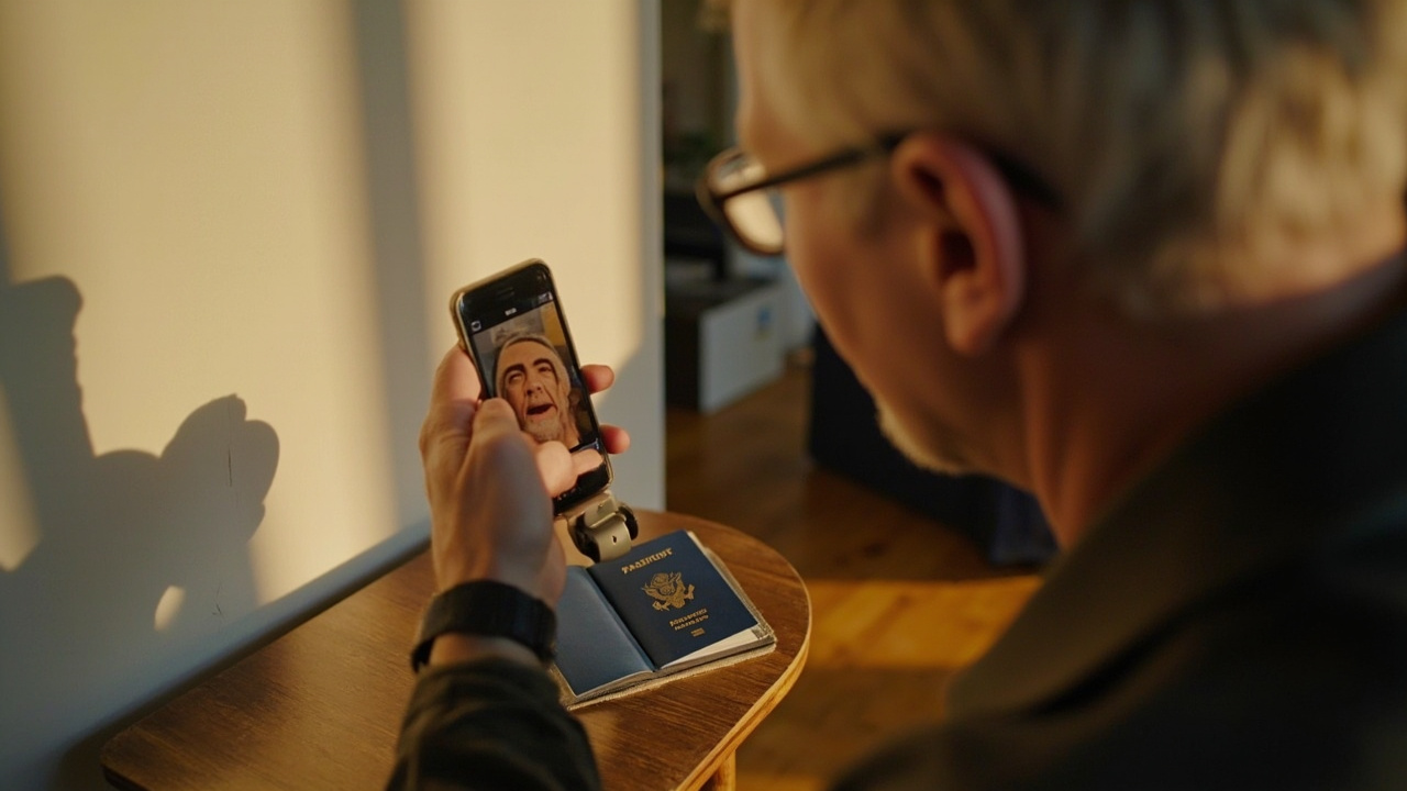 An American traveler at home photographing a passport-style photo against a white wall while a blue US passport and smartphone sit on a sunlit table
