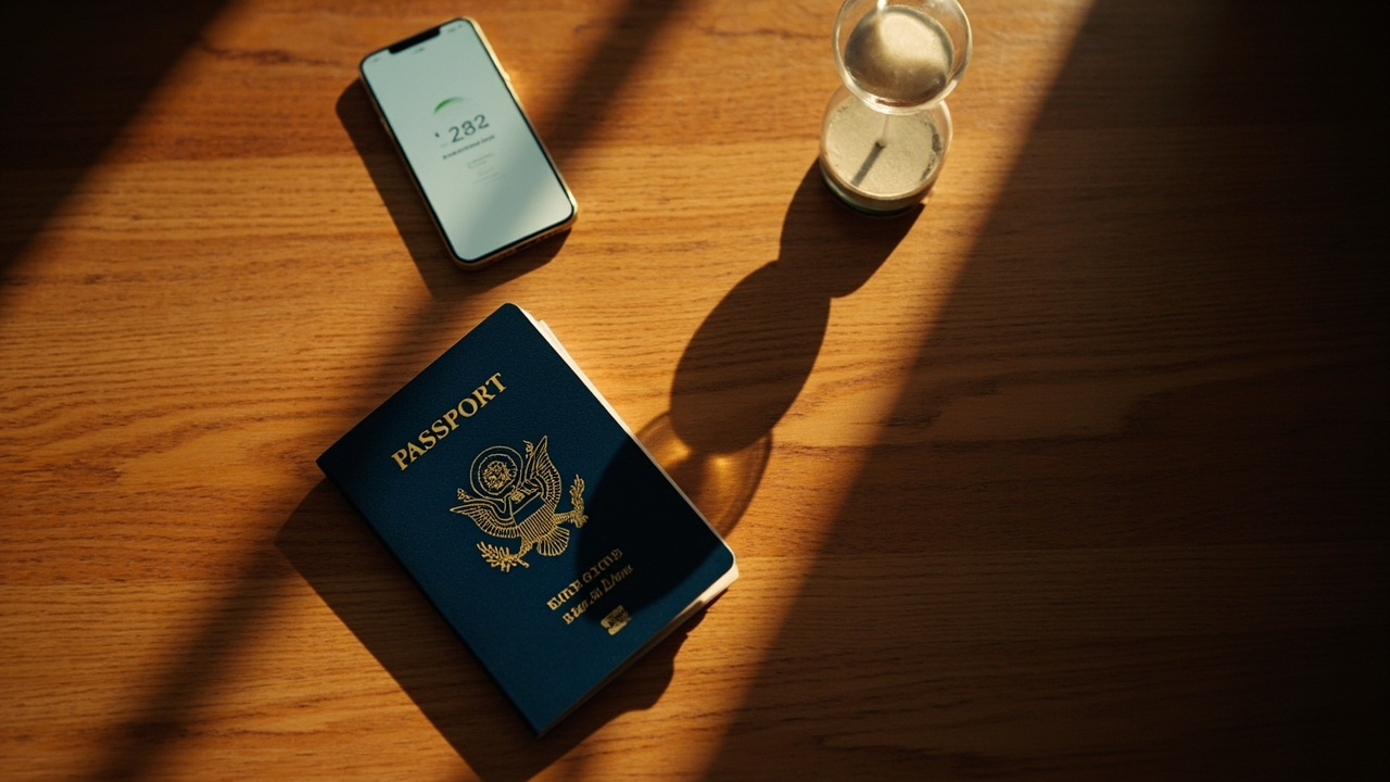 Overhead scene of a blue United States passport beside an hourglass and a smartphone showing a generic processing screen on a warm wooden desk at golden hour